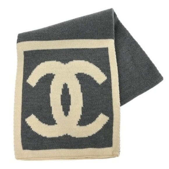 Chanel Sport Line Scarf Shawl Muffler White Gray Small Good 145504